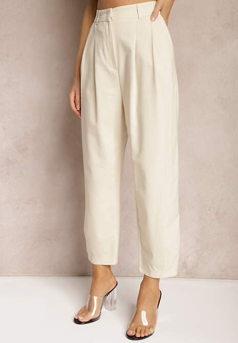 Jasnobeżowe Spodnie Paper Bag High Waist Zapinane na Suwak Nestabella 4