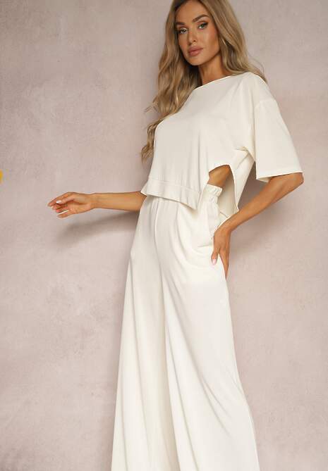 Jasnobeżowy Dresowy Komplet Krótka Bluzka z Rozcięciem Spodnie z Wysokim Stanem i Gumką w Talii Tamary 4