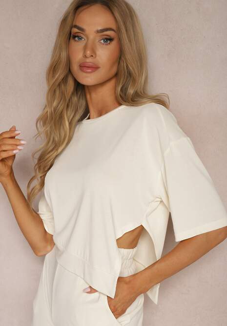 Jasnobeżowy Dresowy Komplet Krótka Bluzka z Rozcięciem Spodnie z Wysokim Stanem i Gumką w Talii Tamary 5