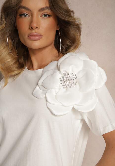 Bluză Casual Albă din Bumbac cu Floare 3D și Pietre Strass Renvia 5