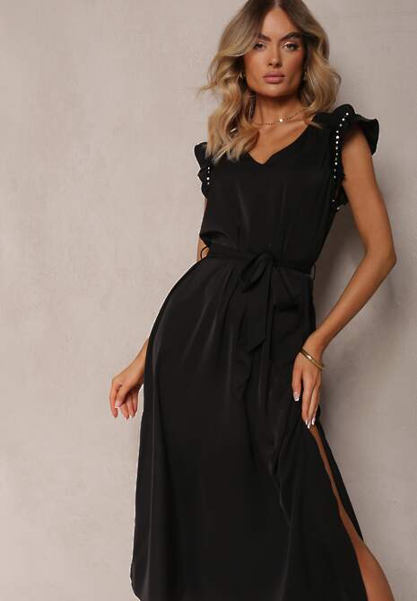 Rochie Neagră cu Curea din Material Ornată cu Crăpături și Pietre Strass cu Volan Holline 4
