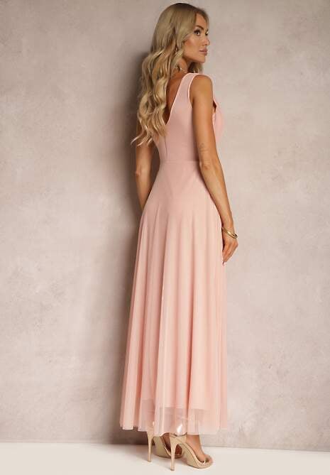 Rochie de cocktail roz cu fusta din tulle fără mâneci Elastar 6