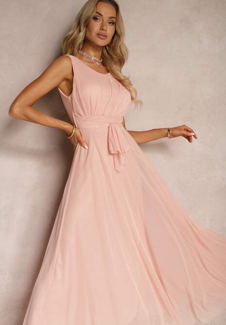 Rochie de cocktail roz cu fusta din tulle fără mâneci Elastar 4