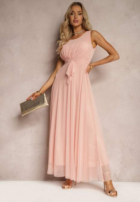 Rochie de cocktail roz cu fusta din tulle fără mâneci Elastar 5