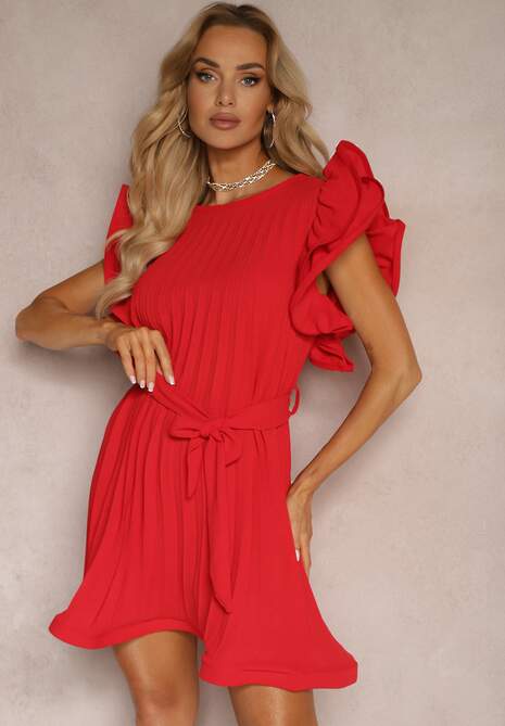 Rochie Roșie Pliată cu Volane și Curea din Material Criselle 4