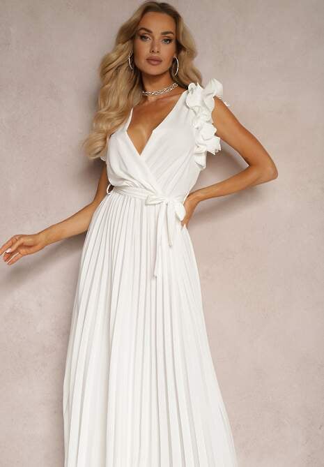Rochie albă tip plic cu elastic în talie și cordon decorativ cu volane Tiamatalia 4