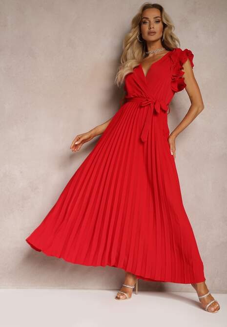 Czerwona Kopertowa Sukienka z Gumką w Pasie i Materiałowym Paskiem Ozdobiona Falbankami Tiamatalia