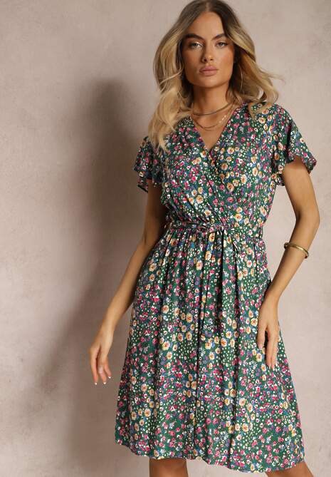 Rochie Verde din Viscoză cu Decolteu în V Finisată cu Elastic în Talie și Șnur Abrolea 4