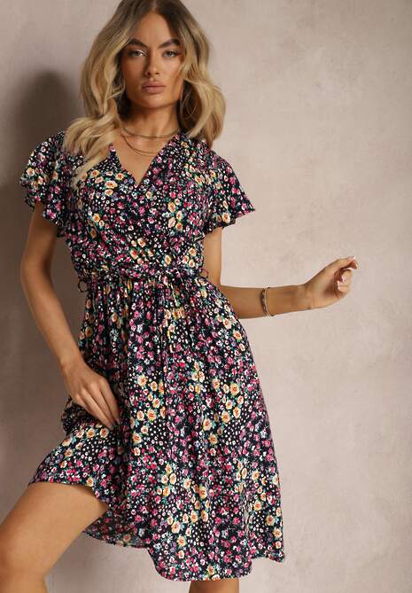 Rochie Neagră-Roz din Viscoză cu Decolteu Înfășurat cu Elastic în Talie și Șnur Abrolea