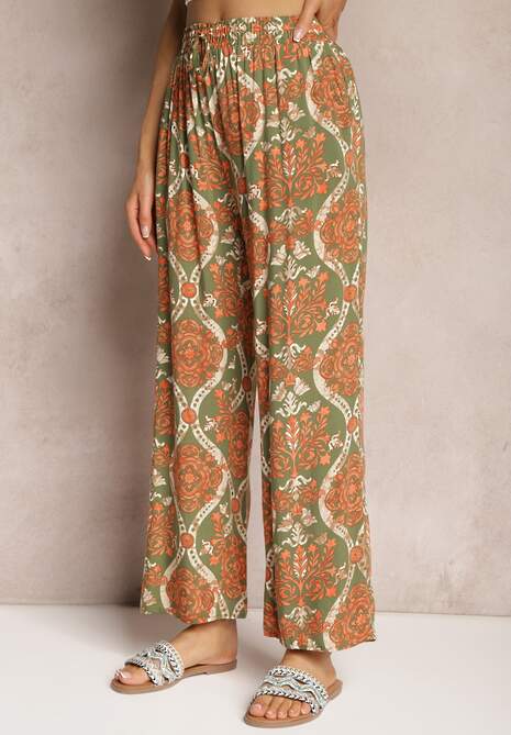 Ciemnobeżowe Wiskozowe Spodnie Boho High Waist z Szerokimi Nogawkami i Gumką w Talii Tiamarra 4