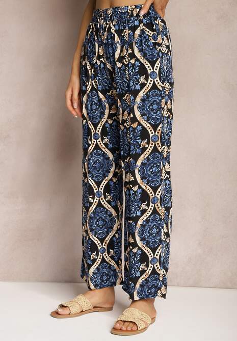 Czarno-Granatowe Wiskozowe Spodnie Boho High Waist z Szerokimi Nogawkami i Gumką w Talii Tiamarra 4