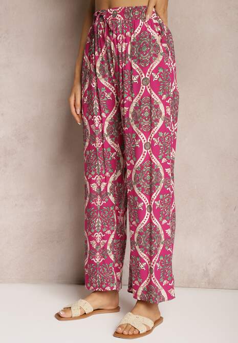 Fucsia Pantaloni Vâscoză Boho Talie Înaltă cu Picior Larg și Elastic în Talie Tiamarra 4