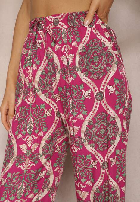Fuksjowe Wiskozowe Spodnie Boho High Waist z Szerokimi Nogawkami i Gumką w Talii Tiamarra 5
