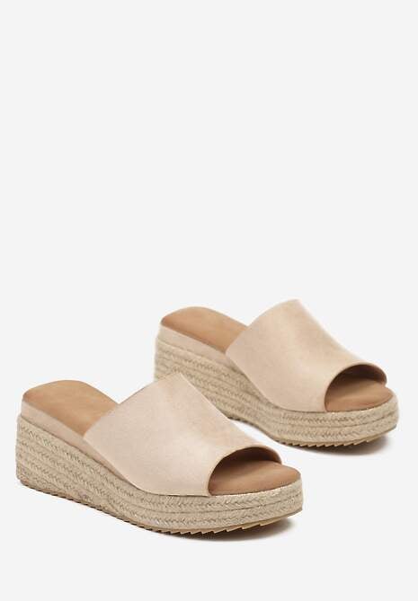 Beżowe Casualowe Klapki na Koturnie w Stylu Boho Krissta 5