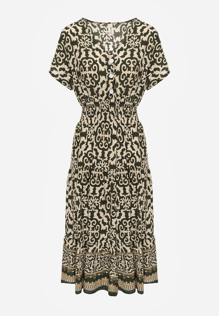 Ciemnozielona Sukienka z Bawełny z Trójkątnym Dekoltem i Gumką w Talii Zapinana na Guziki Lavlea 6