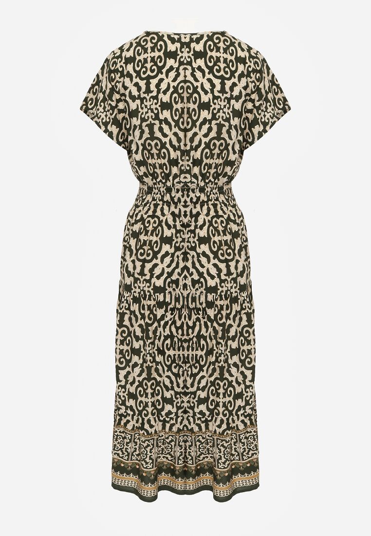 Ciemnozielona Sukienka z Bawełny z Trójkątnym Dekoltem i Gumką w Talii Zapinana na Guziki Lavlea 7