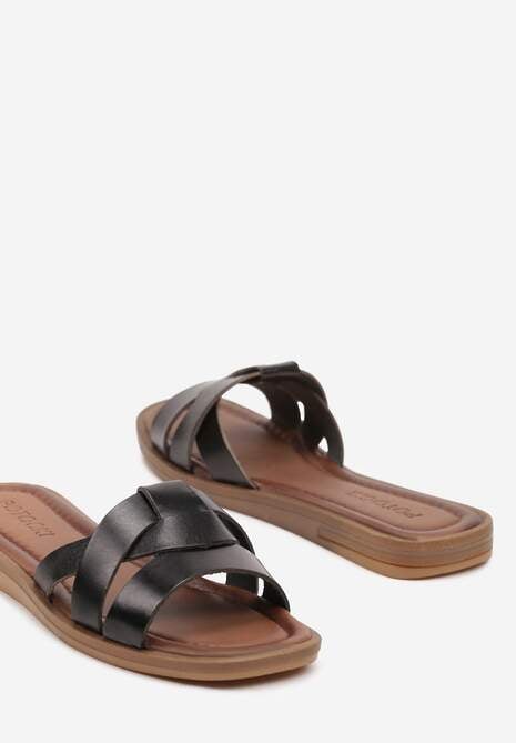 Clapete Negre Casual Din Piele cu Barete Decorative Dimittria 6