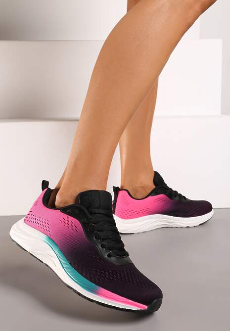 Różowo-Czarne Buty Sportowe Sneakersy na Płaskiej Podeszwie ze Sznurowaniem i Perforacją Risarah