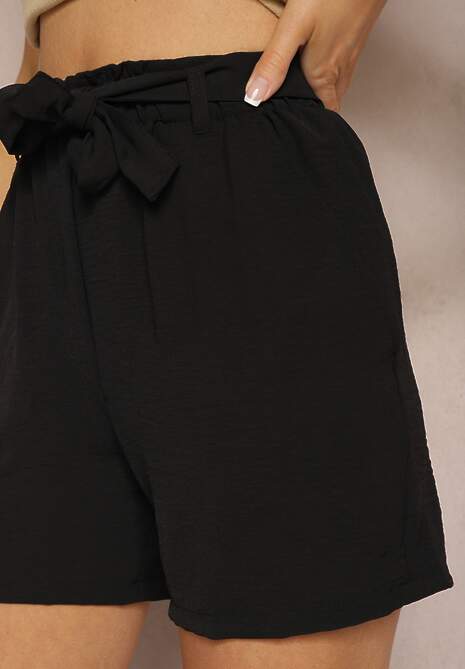 Negru Pantaloni Scurți Bermuda Talie Înaltă cu Elastic și Curea din Material Renetta 5