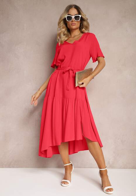 Czerwona Pudełkowa Sukienka z Falbankami i Materiałowym Paskiem w Talii Dimrias