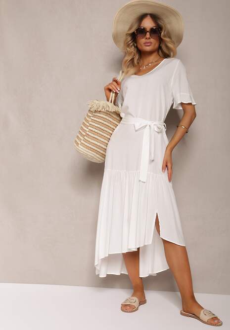Biała Pudełkowa Sukienka z Falbankami i Materiałowym Paskiem w Talii Dimrias