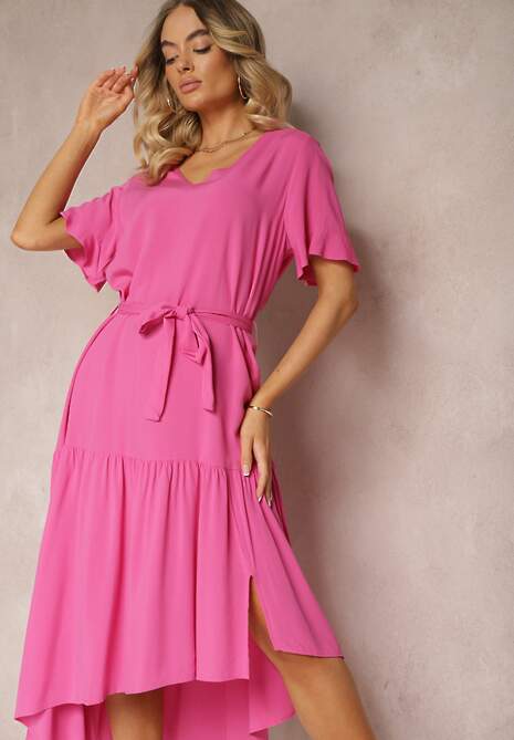 Rochie fuchsia clos cu volane și curea din material Dimrias 4