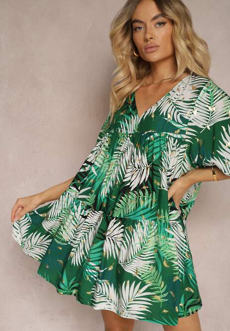 Rochie Alb-Verde Cloș cu Volan și Decolteu Triunghiular Tiamaya 4