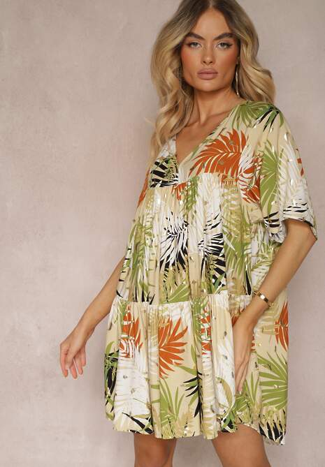 Rochie Alb-Portocalie cu Croi Clos Volan și Decolteu Triunghiular Tiamaya 4