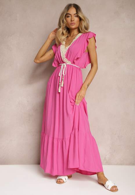 Rochie Fucsia din Bumbac și Viscoză cu Decolteu Tip Înfășurare cu Elastic și Șnur în Talie Terin 4