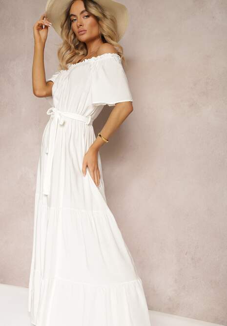 Biała Hiszpanka Sukienka z Gumką w Talii i Materiałowym Paskiem Tiamanda