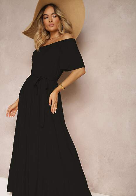 Czarna Hiszpanka Sukienka z Gumką w Talii i Materiałowym Paskiem Tiamanda