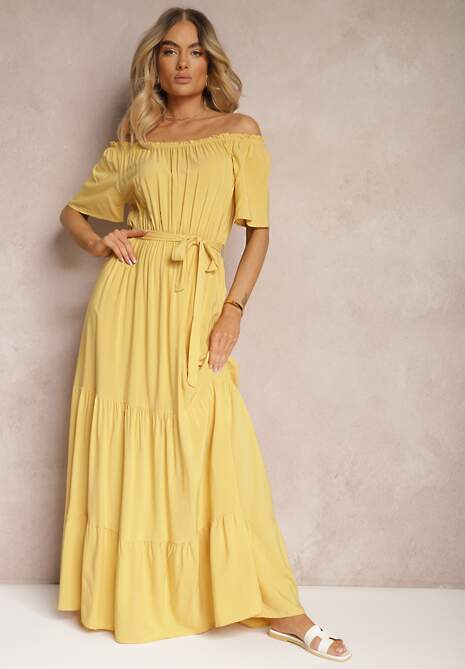 Żółta Hiszpanka Sukienka z Gumką w Talii i Materiałowym Paskiem Tiamanda