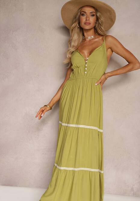 Rochie Verde Deschis Cu Nasturi Pe Bretele Cu Elastic In Talie Si Volan Tiamalia 4