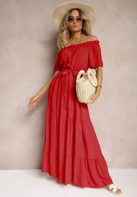 Czerwona Sukienka o Hiszpańskim Dekolcie z Bawełny i Wiskozy z Paskiem i Gumką w Talii Tiamalena