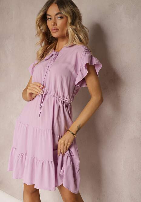 Rochie Violetă Cu Curea Din Material Și Elastic În Talie Și Volan Tiamari 4