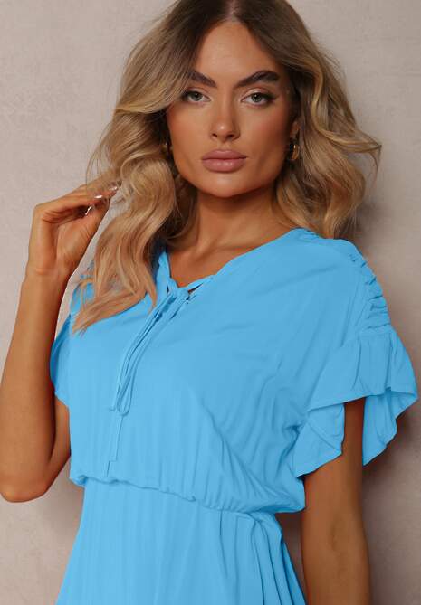 Rochie Albastră cu Cordon din Material și Elastic în Talie și Volan Tiamari 5