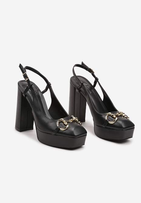 Sandale Negre Slingback cu Platformă și Toc Bloc Împodobite cu Cataramă Teslin 5