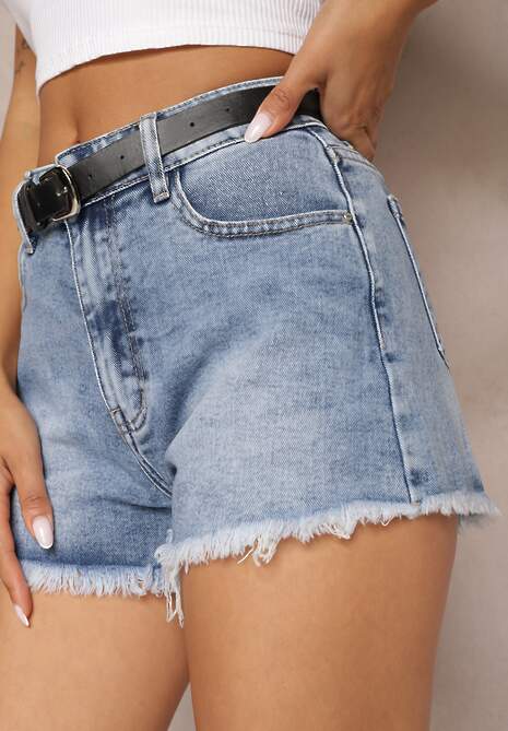 Jasnoniebieskie Szorty High Waist z Bawełną Ozdobione Paskiem i Postrzępionymi Nogawkami Tiamasea 5
