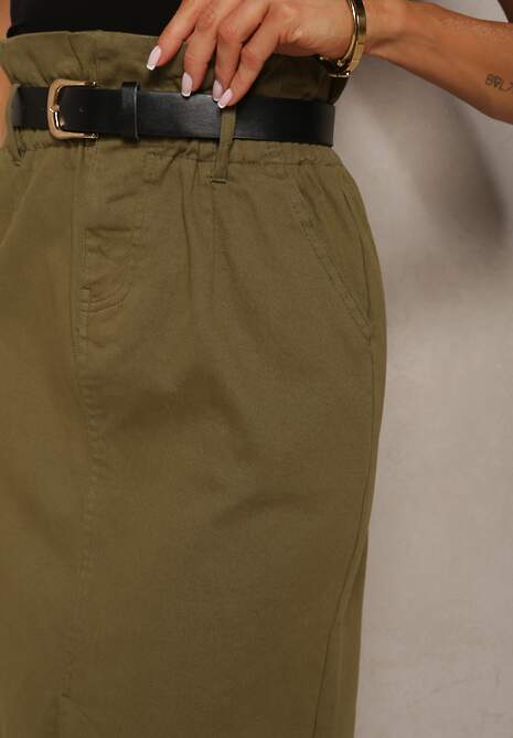 Zielona Bawełniana Spódnica High Waist z Rozcięciem Paskiem i Gumką w Talii Crisbella 5
