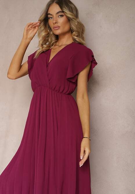 Rochie bordo cu decolteu triunghiular cu elastic în talie cu croi plisat Doetta 4