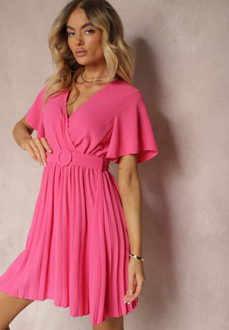 Rochie Fucsia Pliată cu Curea și Decolteu Tip Petrecere Azaleea 4