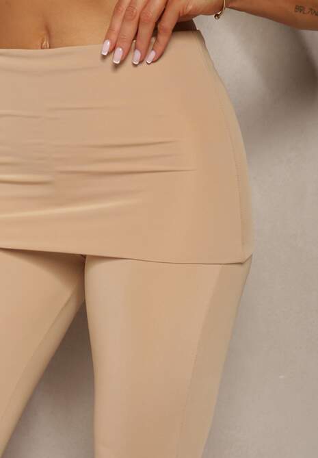 Beżowe Elastyczne Spodnie o Kroju Dzwonów High Waist z Modelującego Materiału Ivolea 5