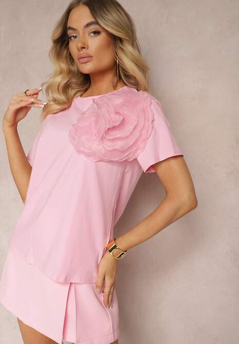 Tricou Roz din Bumbac cu Mânecă Scurtă și Floare Decorativă Krissas 4