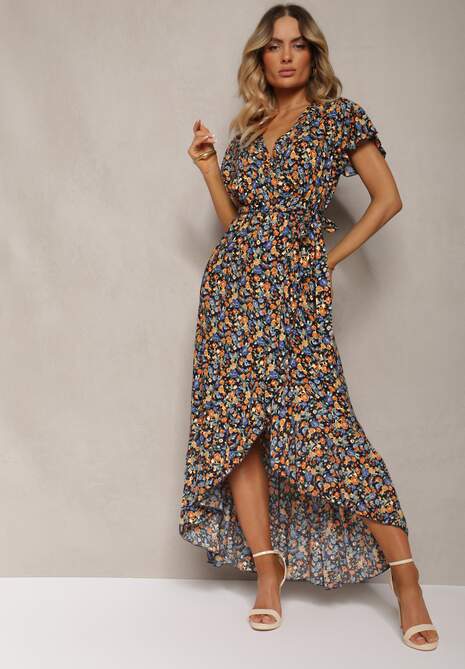 Rochie Negru-Albastru din Bumbac în stil Curea în Talie cu Imprimeu Floral Risalline de la 4