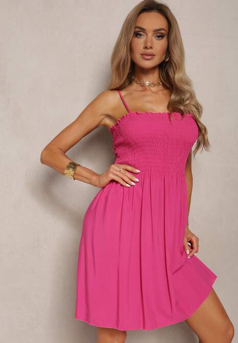 Rochie fucsia din bumbac cu bretele cu croială evazată cu top cu pliuri Christten 4