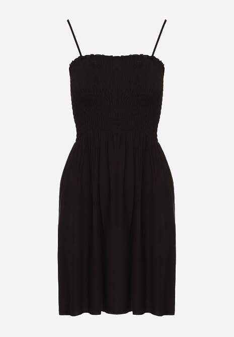 Rochie Neagră din Bumbac pe Bretele cu Croi în Cloș cu Partea de Sus Plisată Christten 6