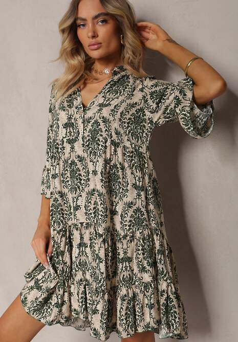 Rochie verde din bumbac cu croi evazat cu volan Niloa 4