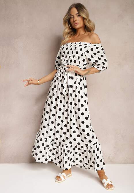 Biało-Czarna Bawełniana Sukienka z Marszczonym Dekoltem i Materiałowym Paskiem Tesaya 4