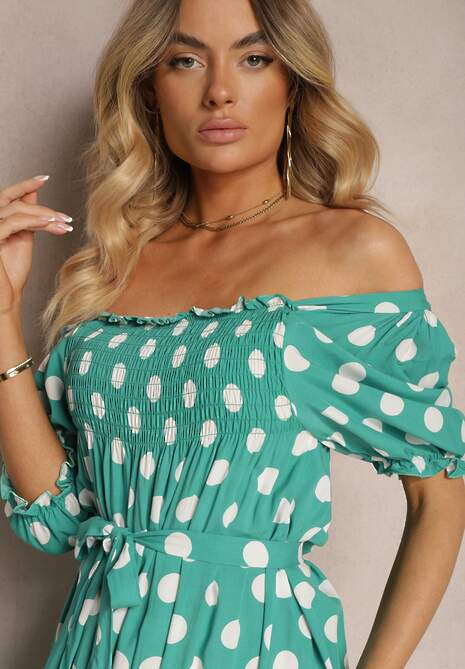 Rochie Verde din Bumbac cu Decolteu Cutat și Curea din Material Tesaya 5