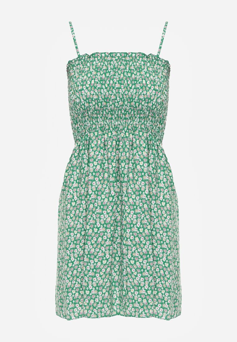 Rochie verde din bumbac cu bretele cu evazată și partea de sus încrețită Risetto 6